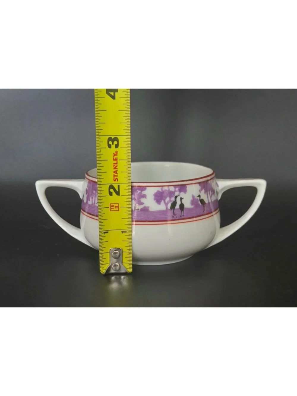 Epiag Czech Silhouette Purple Black Crane Double-Handled Porcelain Birds Bowl